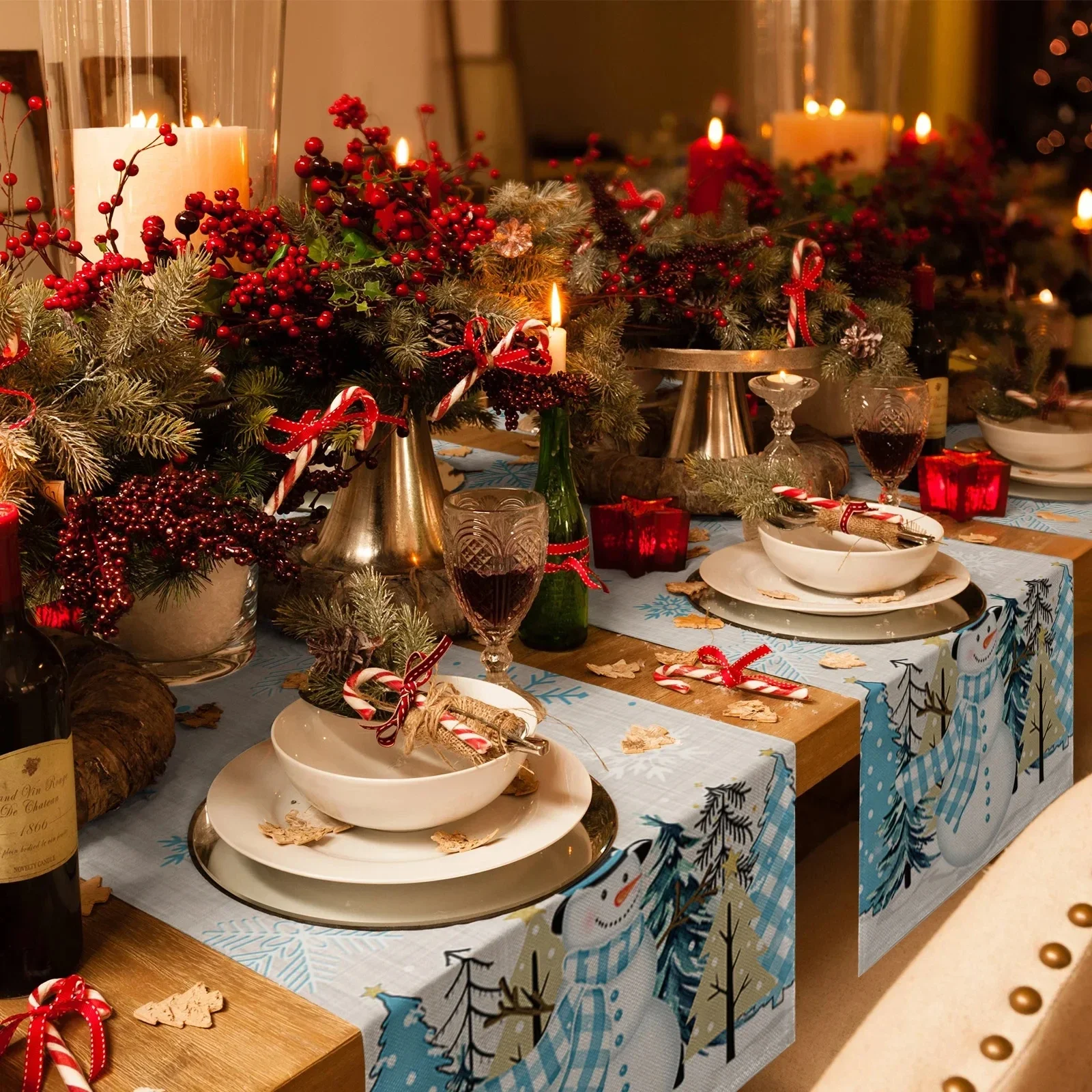 Christmas Snowman Snowflake Xmas Tree Table Runner Party Decor Reusable Winter Kitchen Dining Table Runner Christmas Decorations