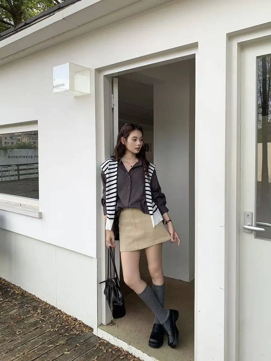 

Женская простая хлопковая рубашка в полоску с длинным рукавом, повседневный модный топ Linyunyun Ele, свободный крой