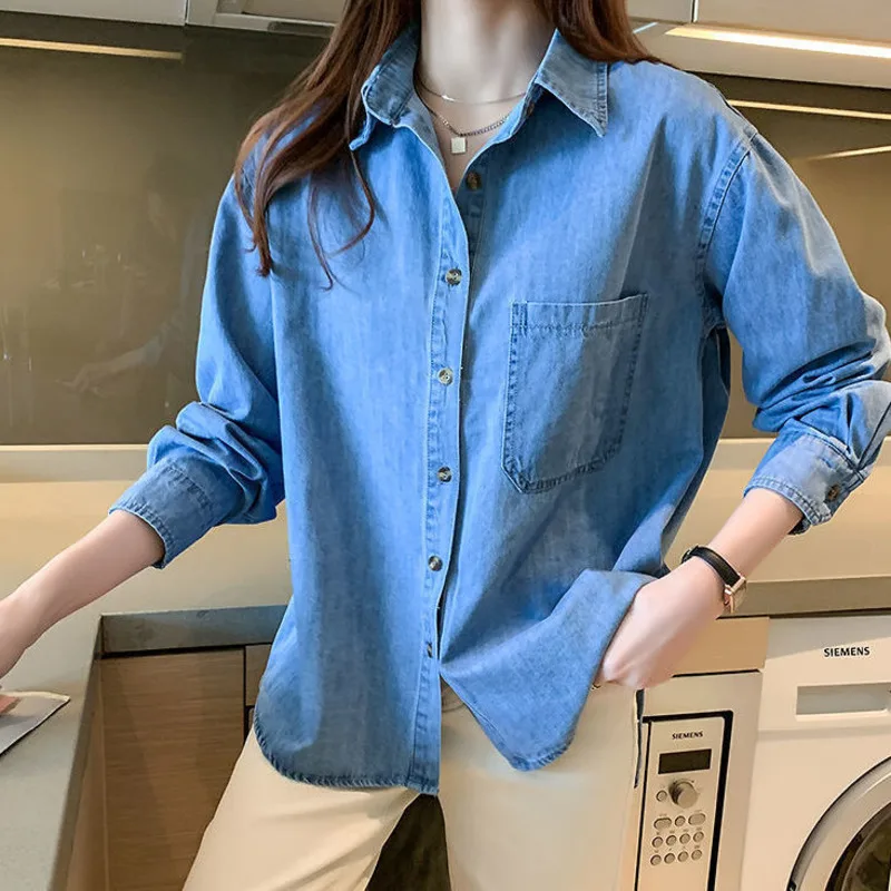 

Blue Button Up Shirt Women Casual Long Sleeve Denim Shirts Tops Blusas De Mujer Korean Fashion Pocket Cowboy Blouse