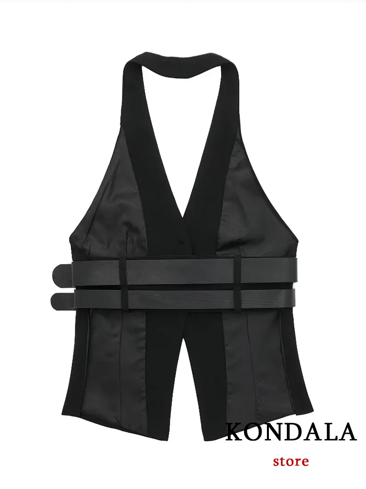 TRAFZA Sexy Chic Black Women Halter Tops Solid Belt V Neck Sleeveless Backless Vest Fashion 2024 Autumn Turtleneck Tops