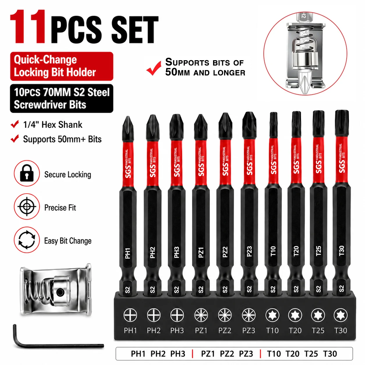 11-Piece Quick-Change Locking Bit Holder Set 70mm S2 Steel Screwdriver Bits Ph/Pz/Torx Phillips Bits 1/4 Hex Shank Anti-Slip Locking Device Electric Drill Power Tool Accessories