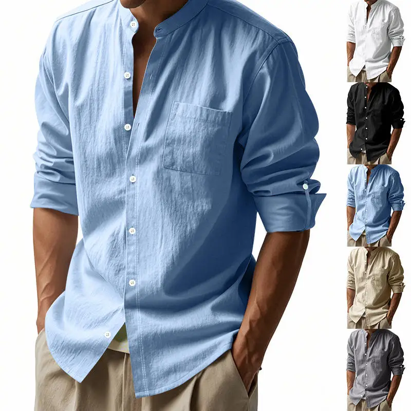 

Men's Linen irt Long Sve Stand Collar Casual Spring Autumn New Chinese Sle Patch ket irt Breathable Comfortable