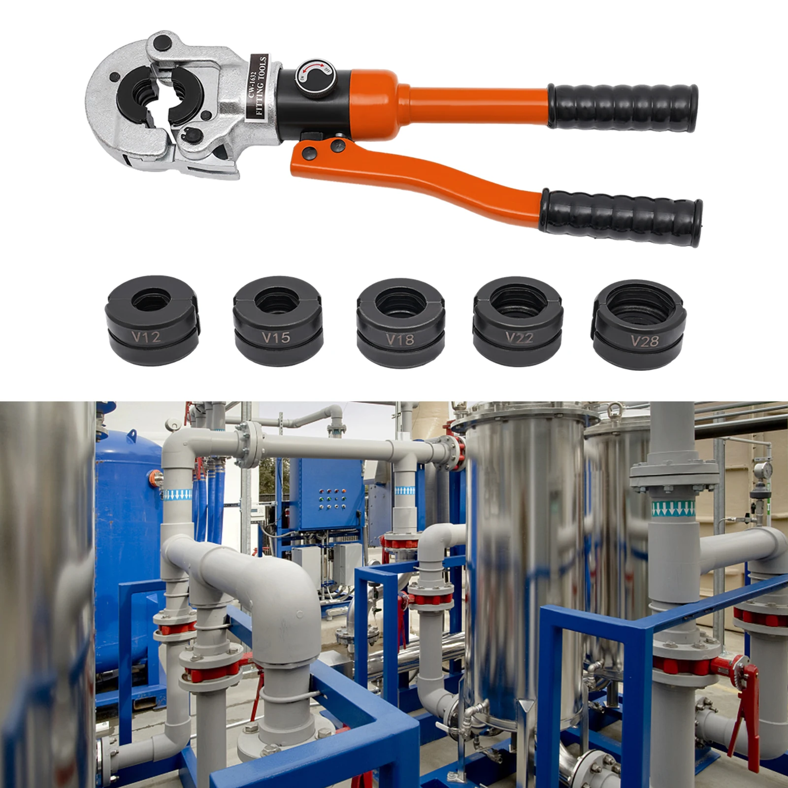 Alicates De Crimpado V-Contour, Juego De Alicates De Crimpado Hidráulicos De 12, 15, 18, 22 Y 28 Mm, 8T Con Giro De 360° ° Prensa De Tubos Con Cabezal Giratorio (Naranja) — -69%, 228.57€ Coupon, from 102.69€ – 69% descuento – €102.69
