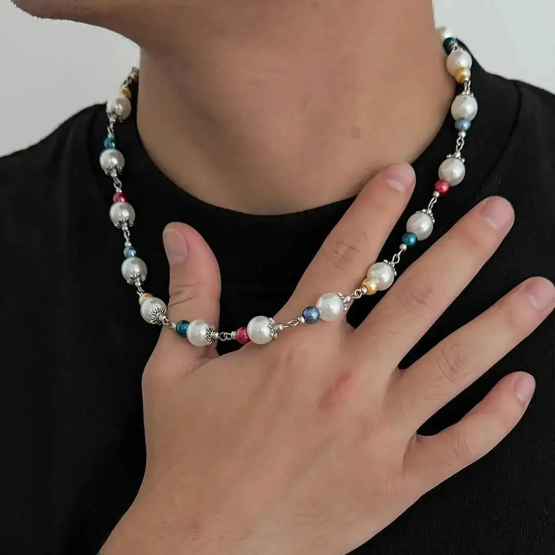 

SHIXIN Hip Hop Colourful Beaded Chain Necklace for Men New Trendy Smooth Imitation Pearl Choker Male Jewelry Neck Accessories