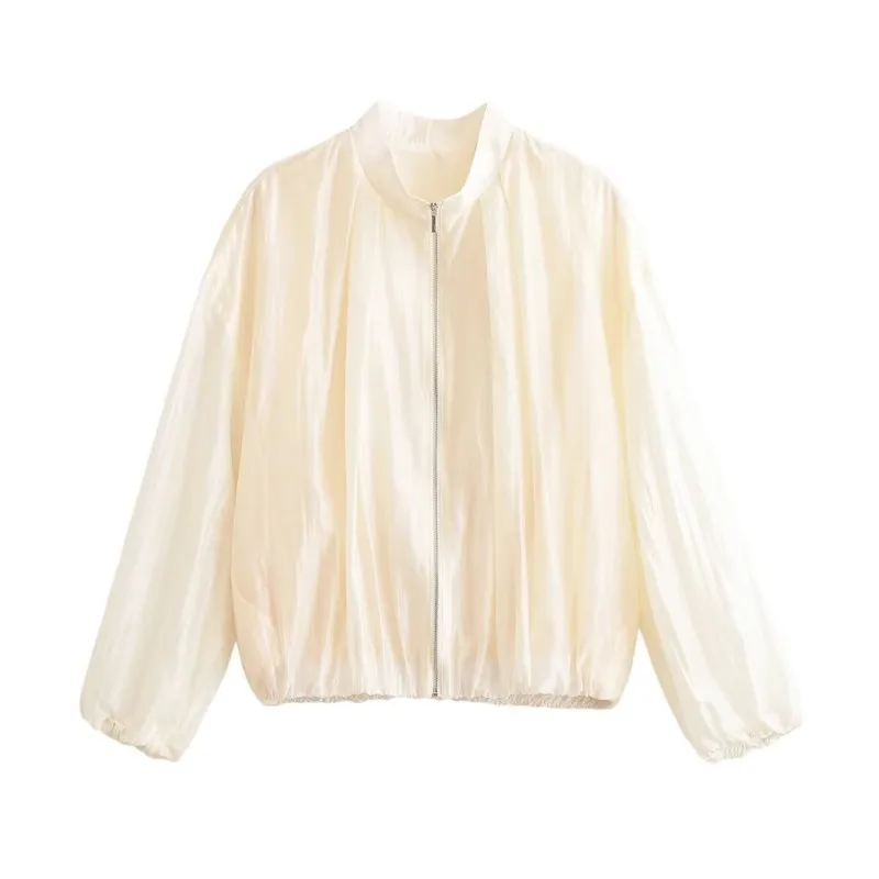 Women's Pleated Bomber Jacket New 2026 Autumn High Collar Long Sleeve Women Coat with Elastic Trims Chic Female Top
