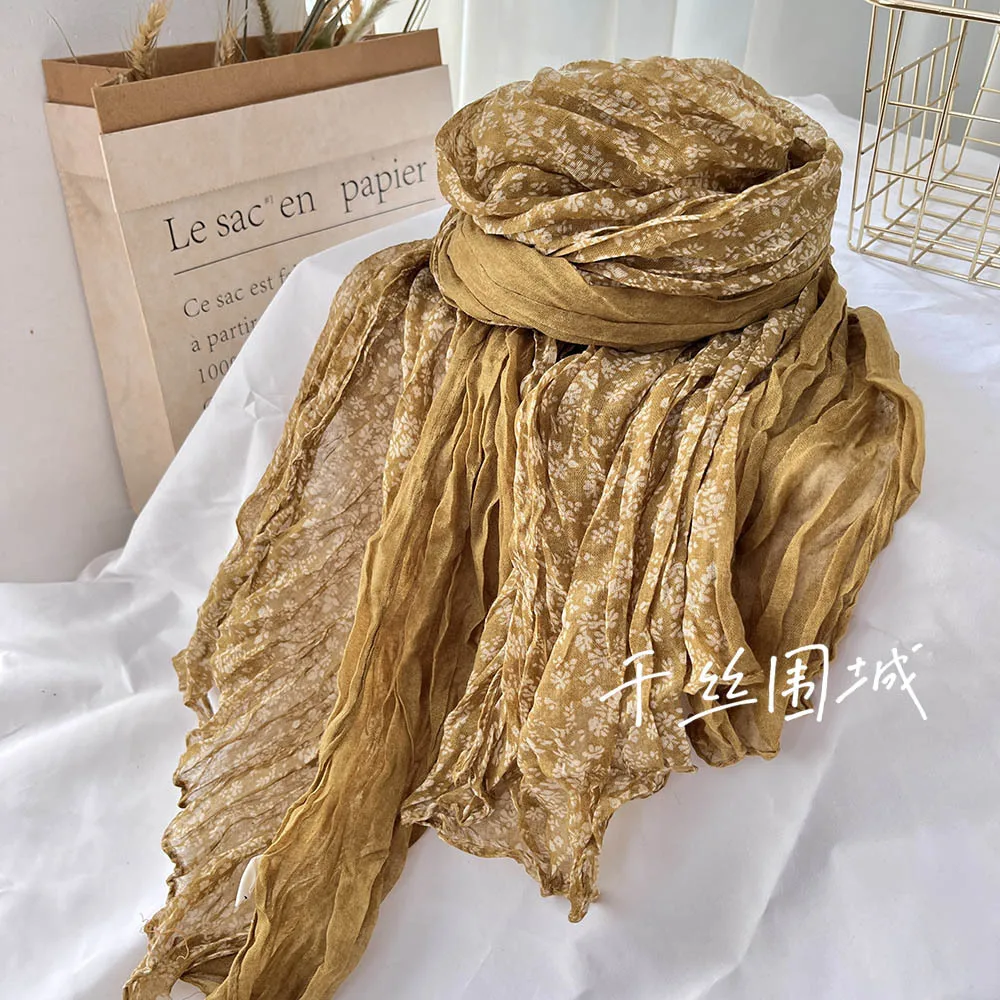 Autumn and Winter New Retro Art Cotton and Hemp Folded Thin Versatile Shawl with Small Fragmented Flower Scarf and Japanese