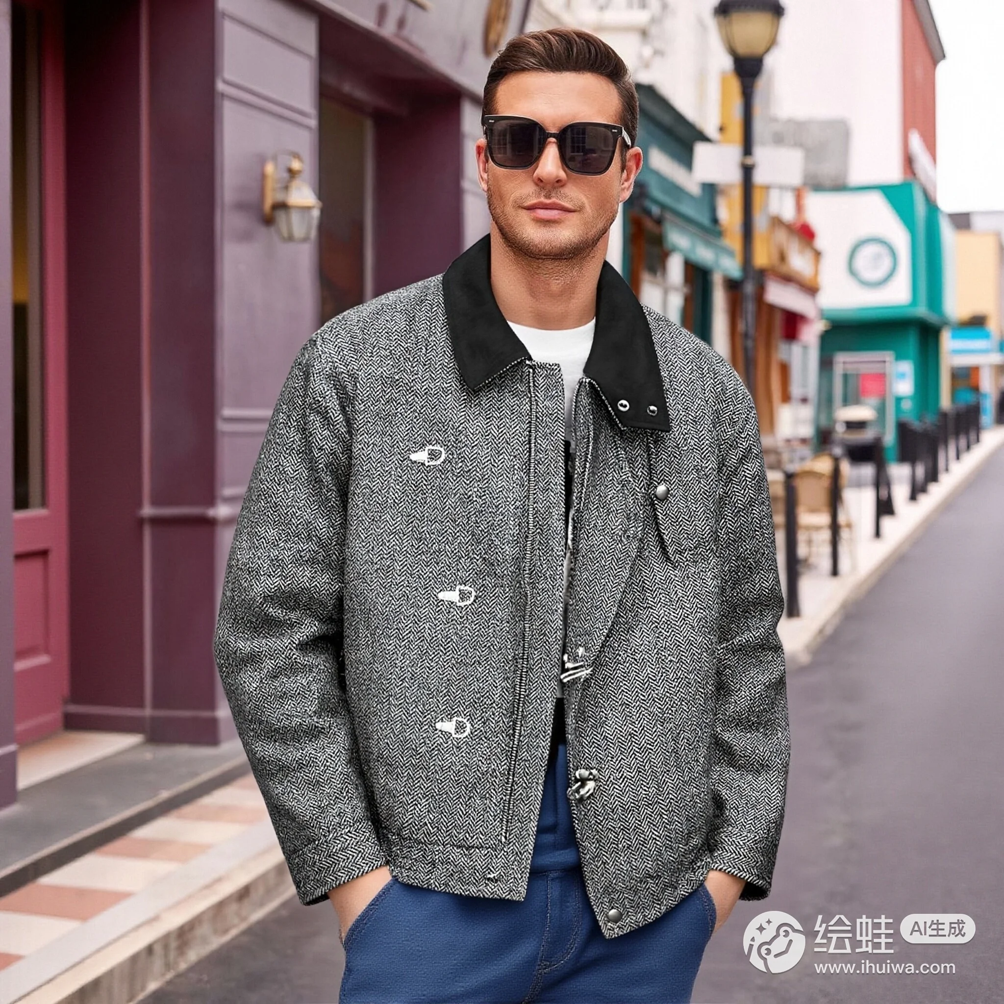 

Шерстяная куртка EME в винтажном американском стиле с узором «гусиные лапки» и пуговицами в виде самолета, короткая, широкая, Boxy Fit