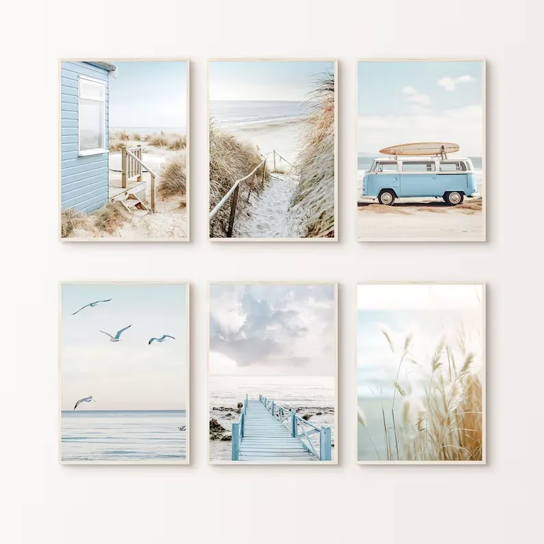 Nature Beach, olas del mar, hierba costera, caña y cielo, autobús, fotografía, póster nórdico, impresión en lienzo, imagen de pared, decoración del hogar