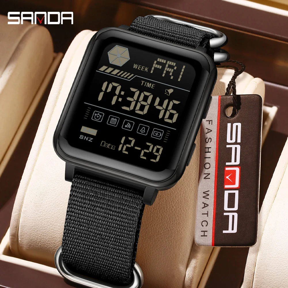 SANDA Men's Military LED Digital Watch Multifunction Chronograph Waterproof Nylon Strap Outdoor Sports Wristwatch for Male