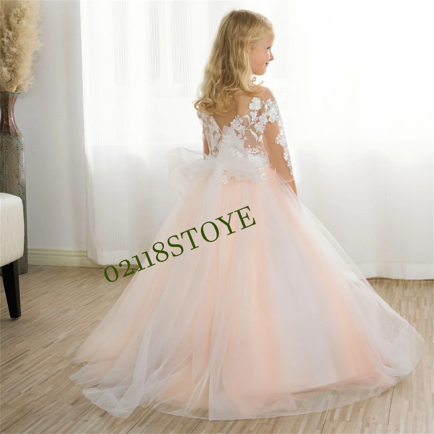 

Lace Flower Girl Dress With Sleeves Kids Bridesmaid Dresses Belts Wedding Party Dress Princess Dress For Girls Ball Gown