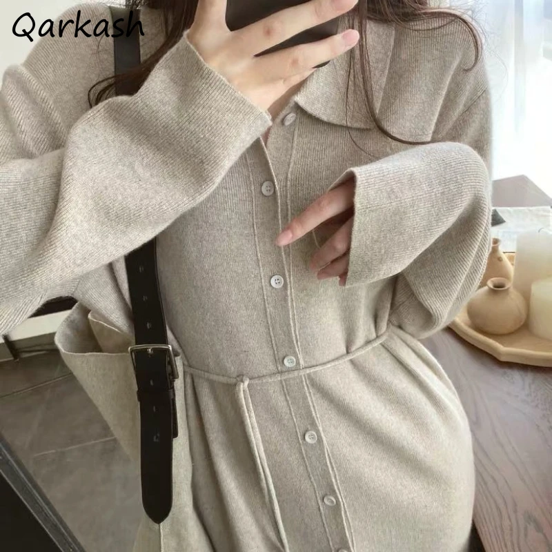 

Midi Dress Women Elegant Knitting Temperament Soft Pure Lapel Korean Style Autumn Harajuku Office Lady Basic Inner Vestidos OOTD