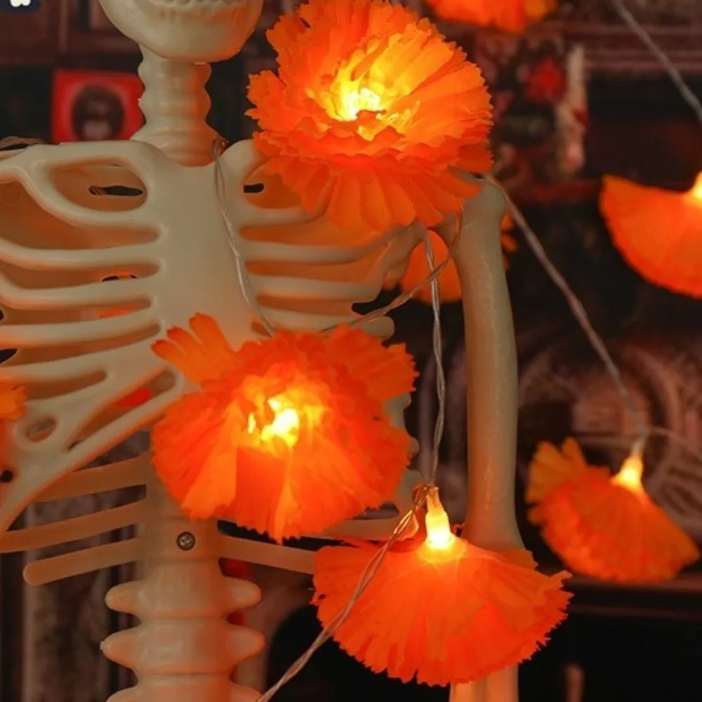 New 1.5/3 Meters Marigold Garland​​ LED Battery Powered Marigold String Lights Reusable Pooja Marigold Flowers​​ Indian Décor