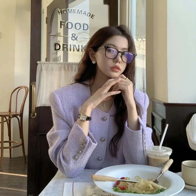 Small Fragrant Wind Purple Jacket Women\'s Spring New Retro Short Coat Loose Temperament Outwear Round Neck Long Sleeved Top