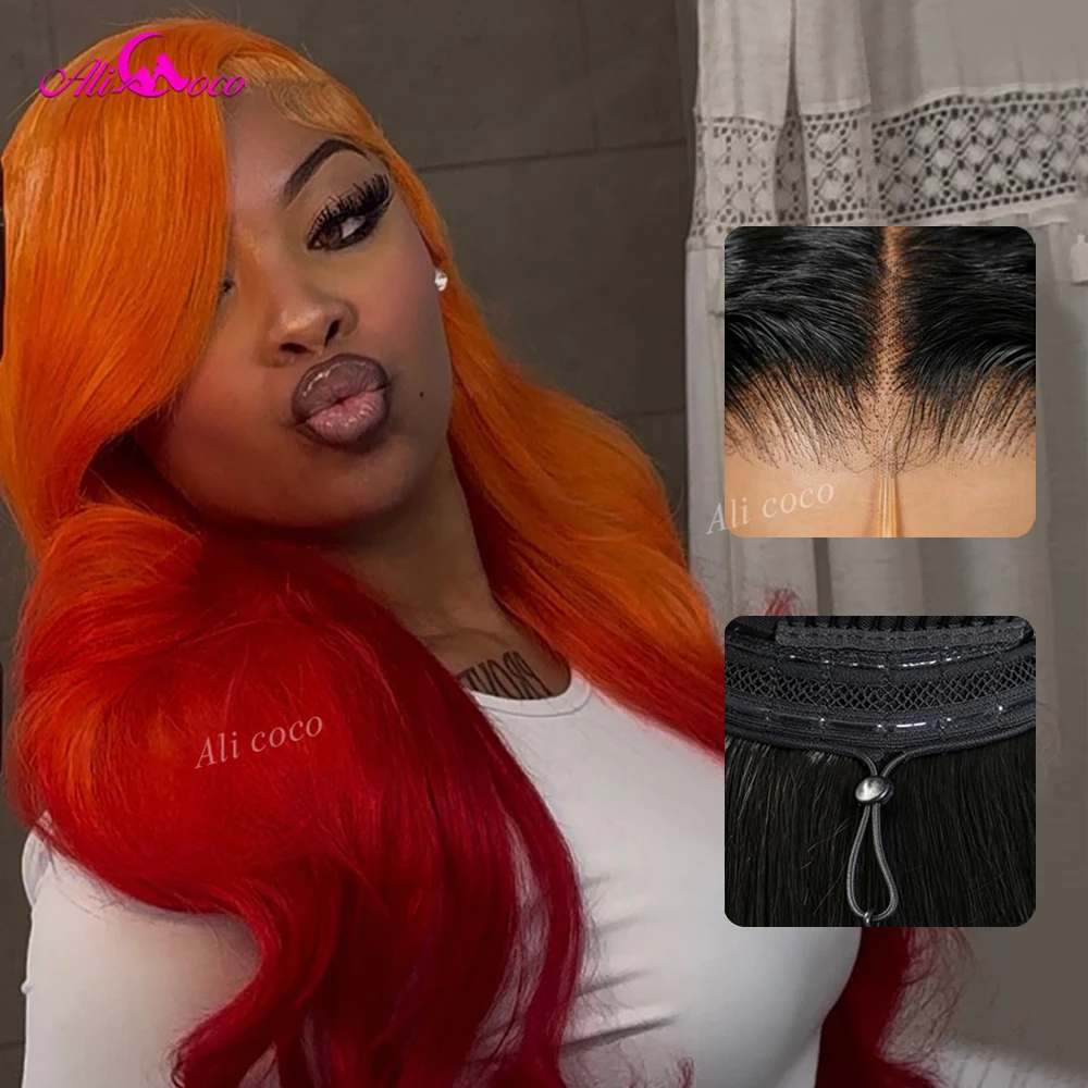 Ombre orange and red 13x6 Transparent HD Lace Front Drawstring Body Wave Real Human Hair Glueless Wigs 180 Density Human Hair