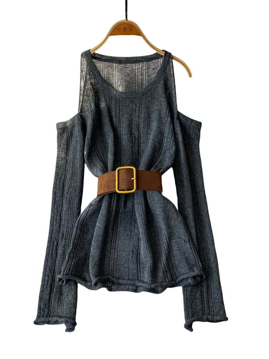 Foamlina Chic Elegant Off Shoulder Long Sleeve Knit Sweater With Waist Tie Design Women Fall Trendy Slim Fit Casual Top