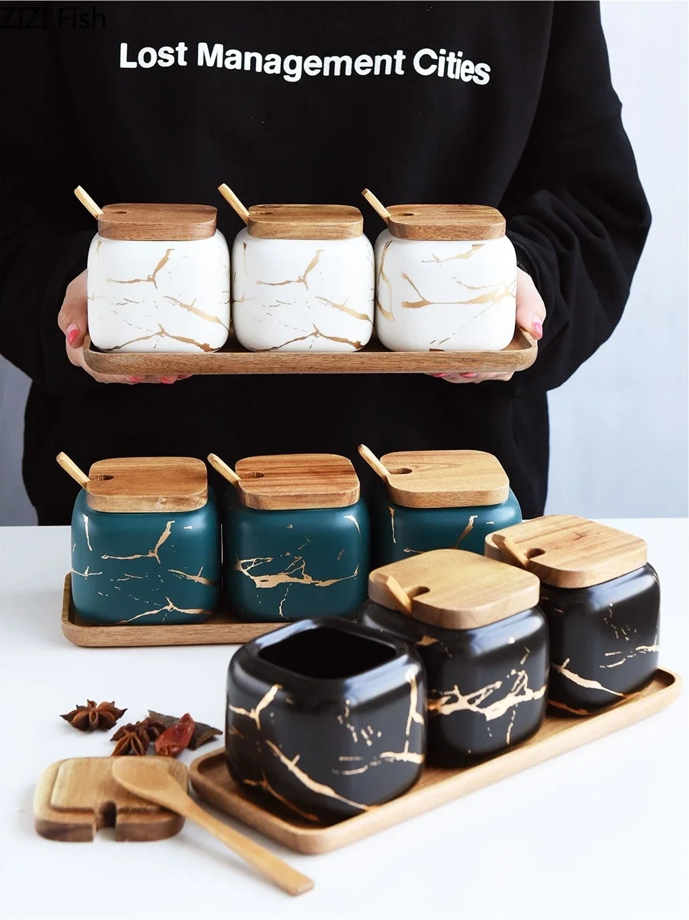 Juego de tarros de cerámica con diseño de mármol mate para especias, juego de aceitera con cubierta de madera, salero, tarro de especias, estante de almacenamiento de condimentos de cocina