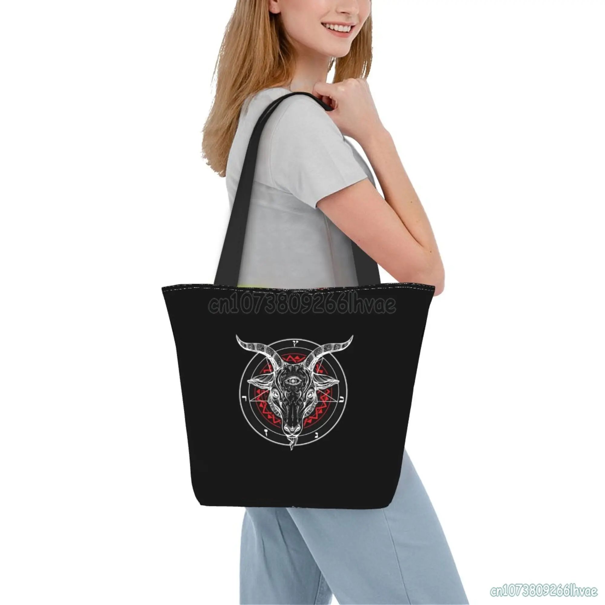 Satanic Goat Head Baphomet Lucifer Occult Pentagram Demonic Handbag for Women Canvas Shoulder Bag Durable Reusable Shopping Bag