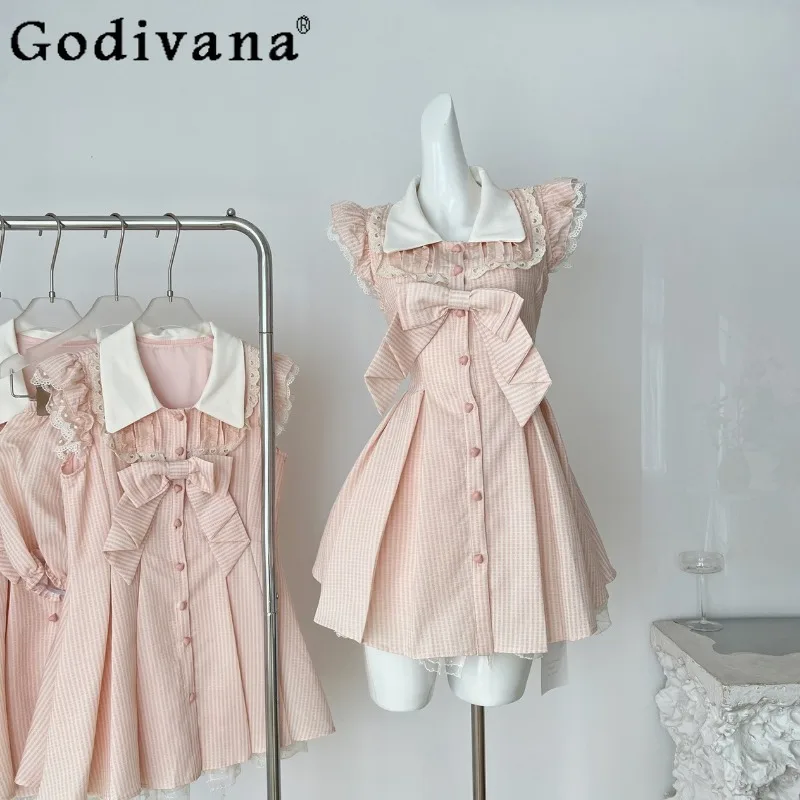 

Summer Japanese Sweet Cute Dress Women Large Bow Pink Striped Lolita Dress Female Lapel Flutter Sleeve Single Breasted Dress