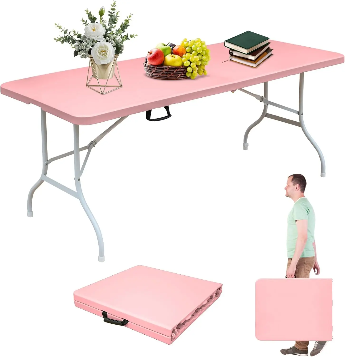 

Portable Folding Plastic Table With Handle For Camping Dining Party Indoor Outdoor Pink