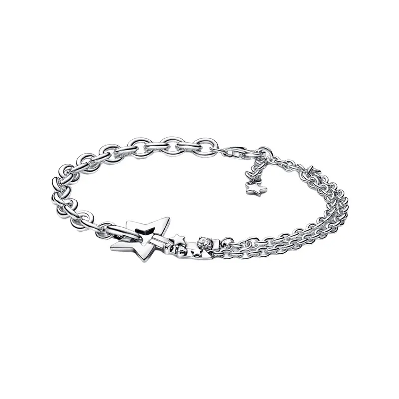 Asymmetrical Shooting Star Double Link Chain Bracelets For Women 925 Sterling Silver Jewelry Clear CZ Lobster Clasp 3 Jump Rings