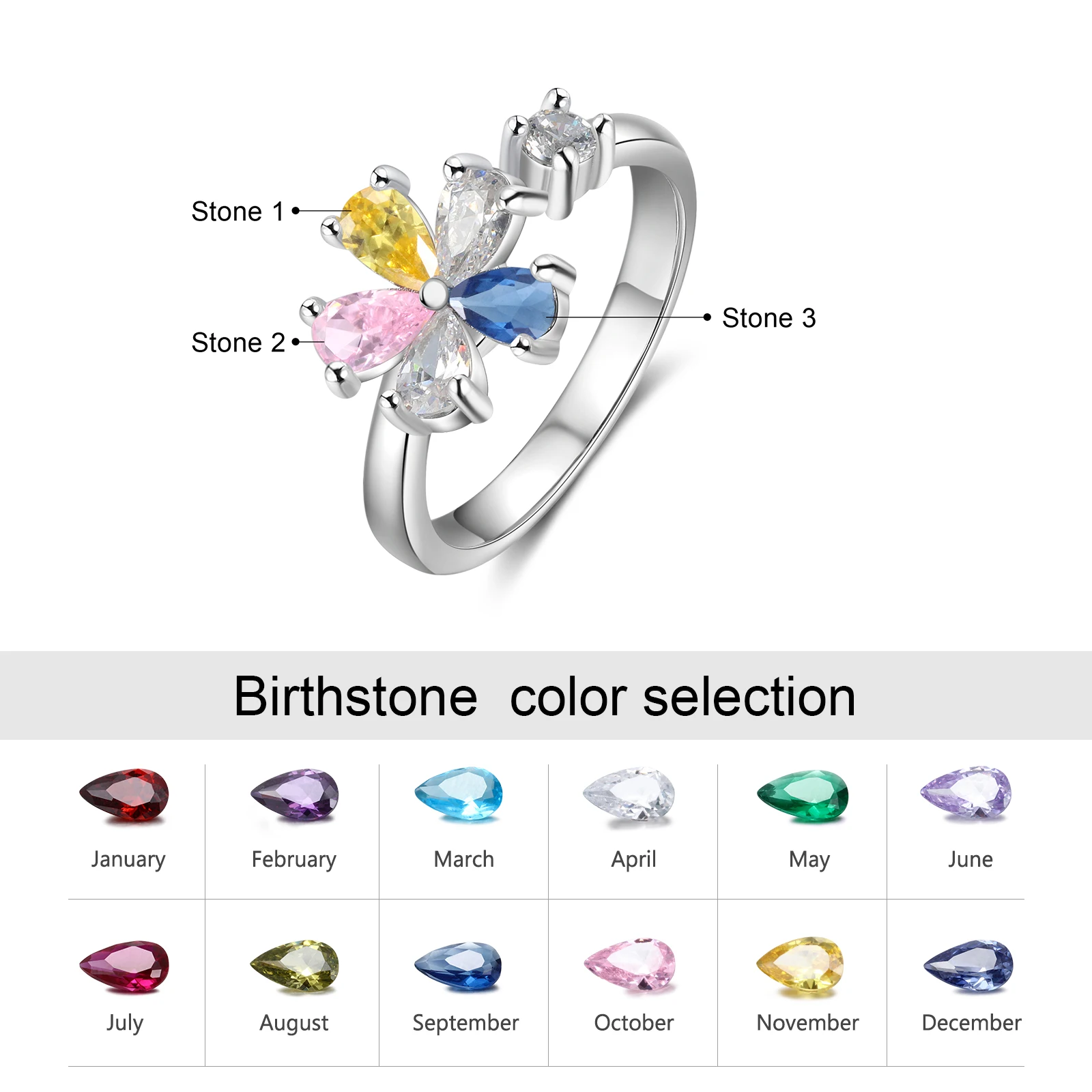 Elegant Customize Flower Open Rings for Women Personalized Inlaid 1-3 Oval Birthstone Ring Xmas New Year Gift for Mother Grandma