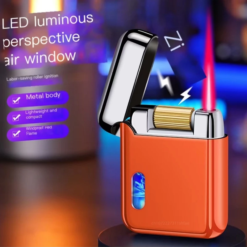 Metal Zinc Alloy Windproof Jet Red Flame Butane Gas Lighter LED Emitting Visible Gas Window Roller Ignition USB Lighter Gadgets