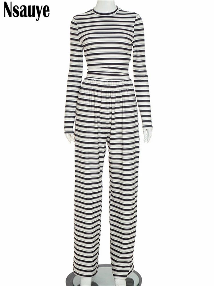 Nsauye 여성 기본 패션 긴 소매 캐주얼 Y2K 스트라이프 티셔츠 탑 + 하이 웨이스트 라운지웨어 팬츠 트랙수트 2 피스 세트 2025