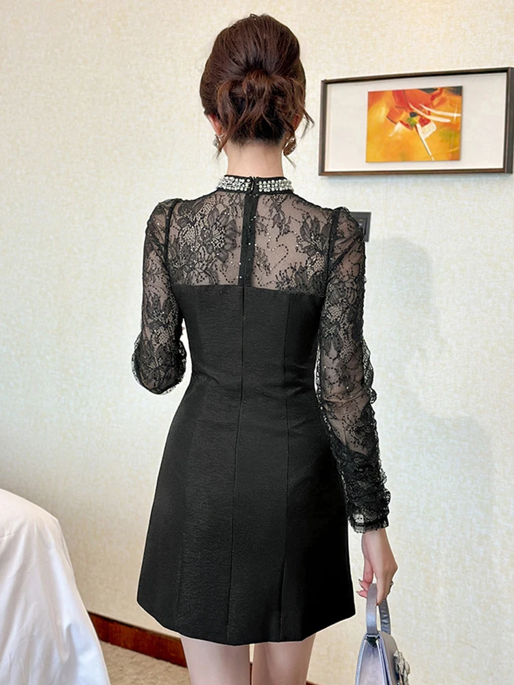 Schwarz Gefälschte 2-Stück Abendkleid Frauen Kleidung Spitze Sheer Sexy Dünne Kurze Kleider Elegante Luxus Party Club Geburtstag vestido Neue