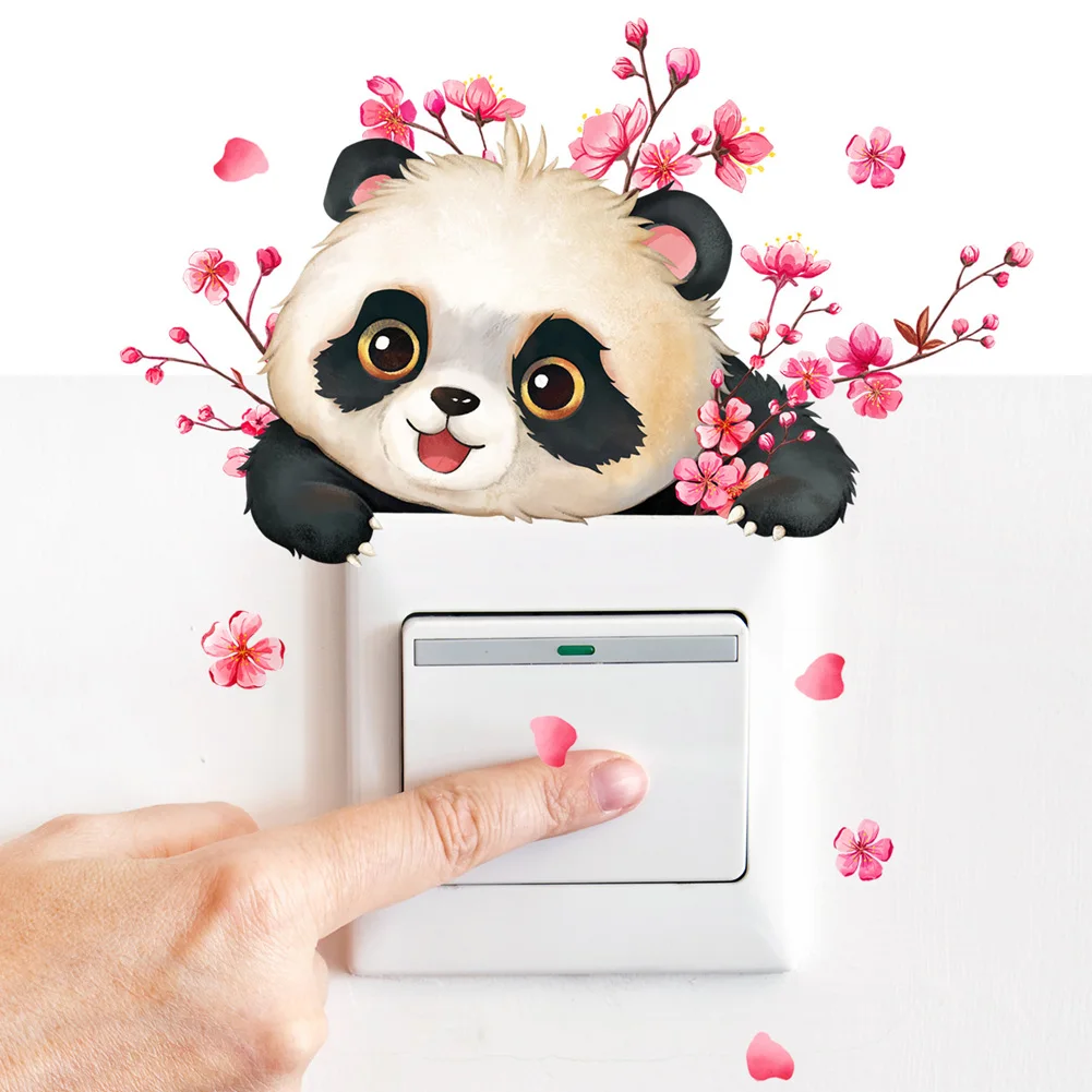 Cartoon Panda Bird Flower Switch Sticker Kids Room Bedroom For Wall Decoration Mural Self-adhesive Home Decor Cute Animals Decal