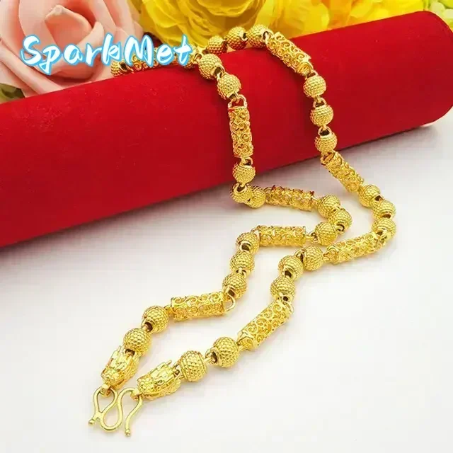 

Christmas 999 Real Gold Necklace Round Bead Boss Chain, 24K Gold Domineering Fashion Jewelry Gift Metal Stamps for Men and Women