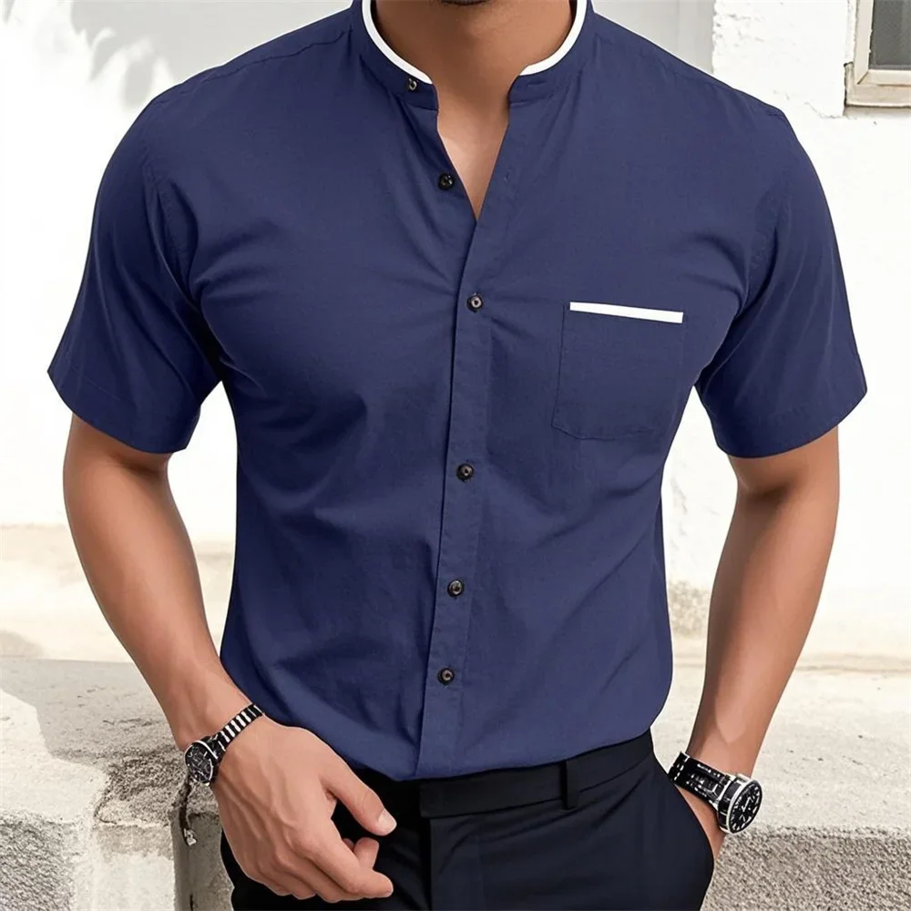 Men's Light Color Simple Business Casual Solid Color Embellishment Lapel Button Short-sleeved Shirt Slim Vacation Casual Top