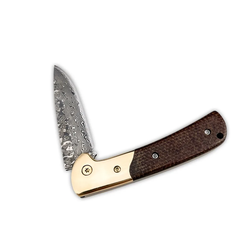 Outdoor Folding Knife Exquisite Pocket Knife Damascus Steel Blade Brass + Micarta Handle Fishing Hunting Knives Cutting Tool view 2
