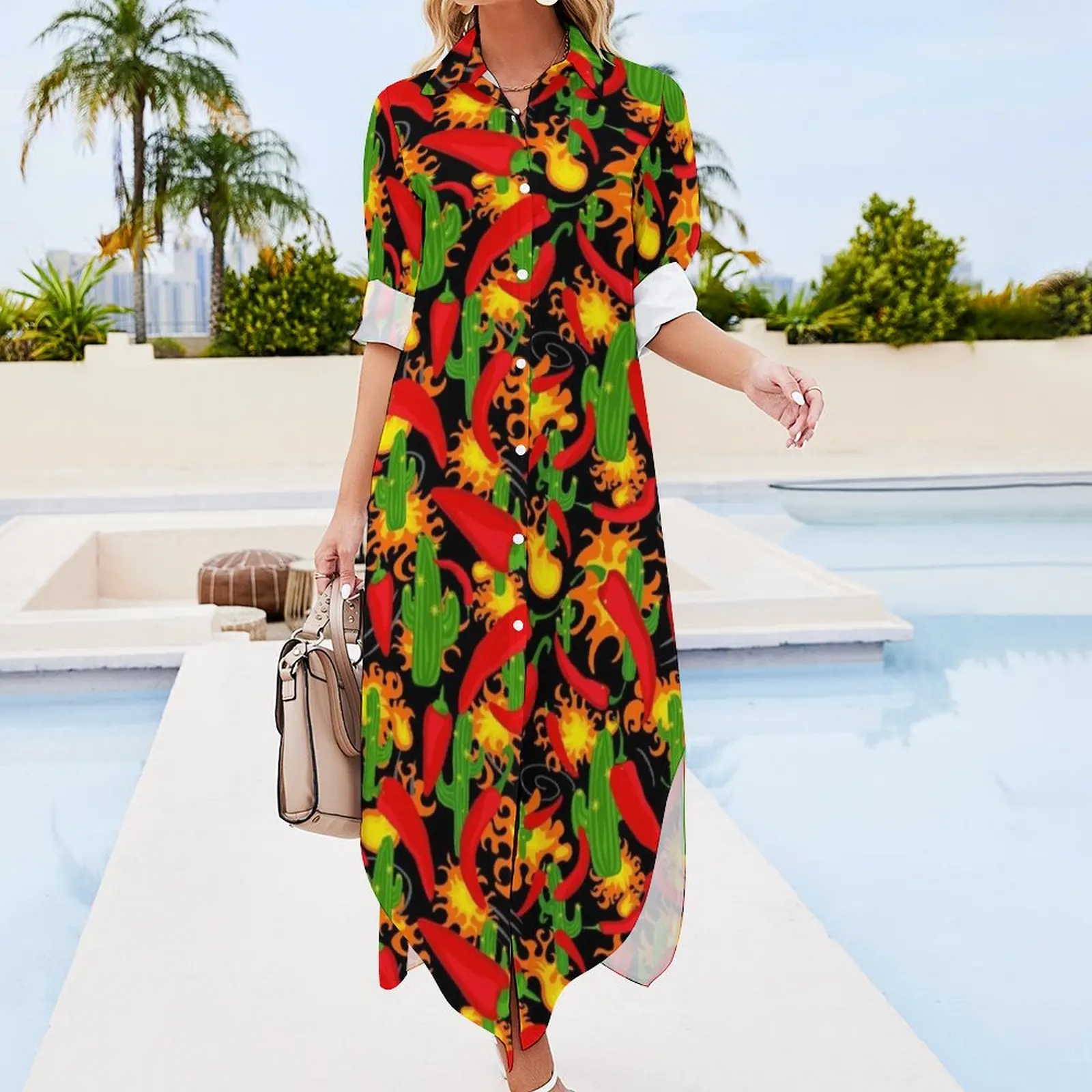 Chilli Peppers, Cactus and Flames Cartoon Pattern Long Sleeved Shirt Dress wedding dresses for woman Dresses