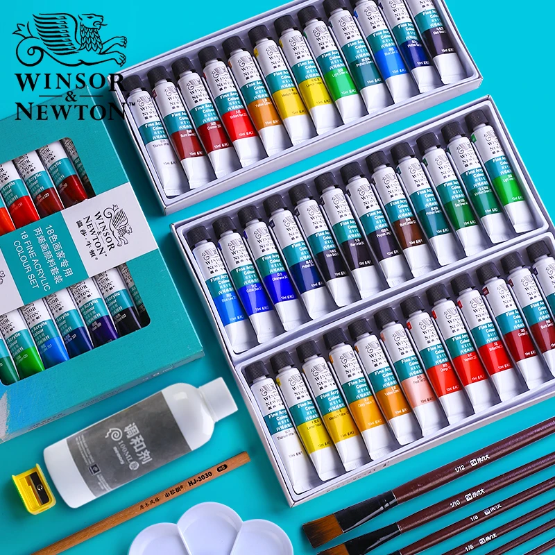 WINSOR & NEWTON-Juego de pinturas acrílicas profesionales, pintura de pared pintada a mano, pintura textil de colores brillantes, 12/18/24 colores, 10ml