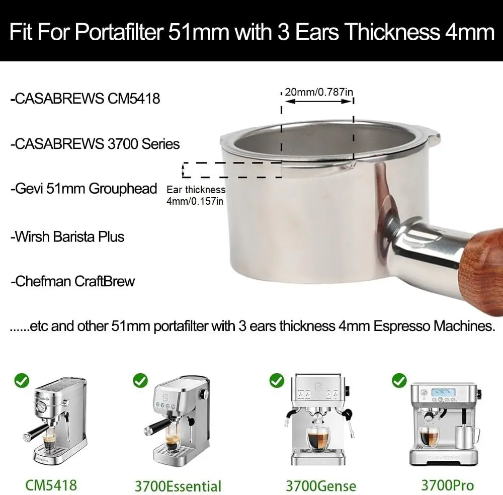 

51mm Bottomless Portafilter 3 Ears for CASABREWS CM5418 3700 Series Stainless Steel Double Shot Filter Basket