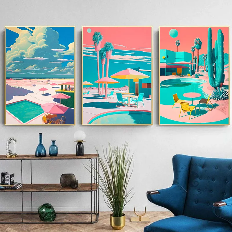 Retro Futuristic Beachside Palm Trees Desert Swimming Pool Poster Canvas Painting Wall Art Pictures For Room Home Interior Decor