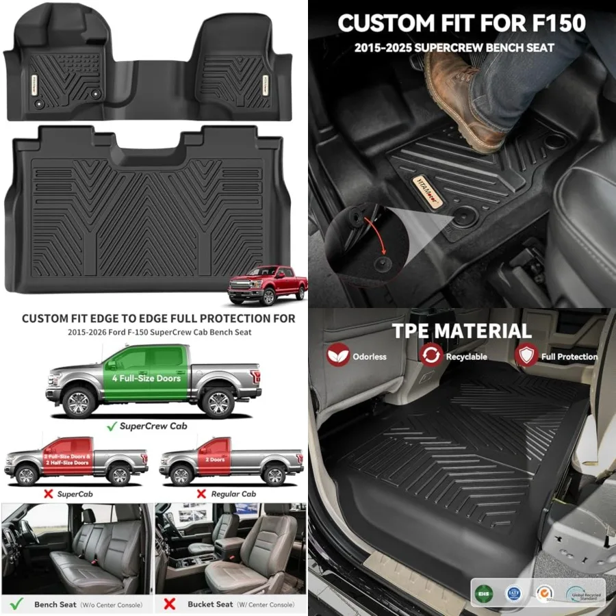 

Floor Mats for 2015-2026 Ford F-150 Super Crew Cab Bench Seat, Custom Fit All Weather Anti-slip TPE Rubber Mat, Super Duty Ford F150 Accessories, F 150 Floor Liners Set, 1st & 2nd Row, Black