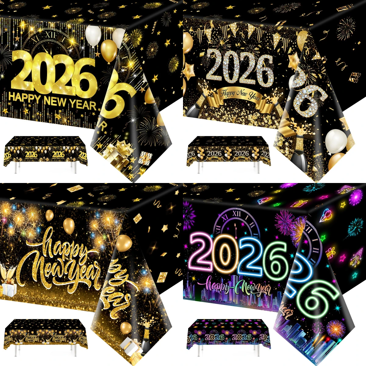 2026 Happy New Year Tablecloth Plastic Table Cover Happy New Year Decorations 2026 for Home Kitchen Dinning Room Table Decor