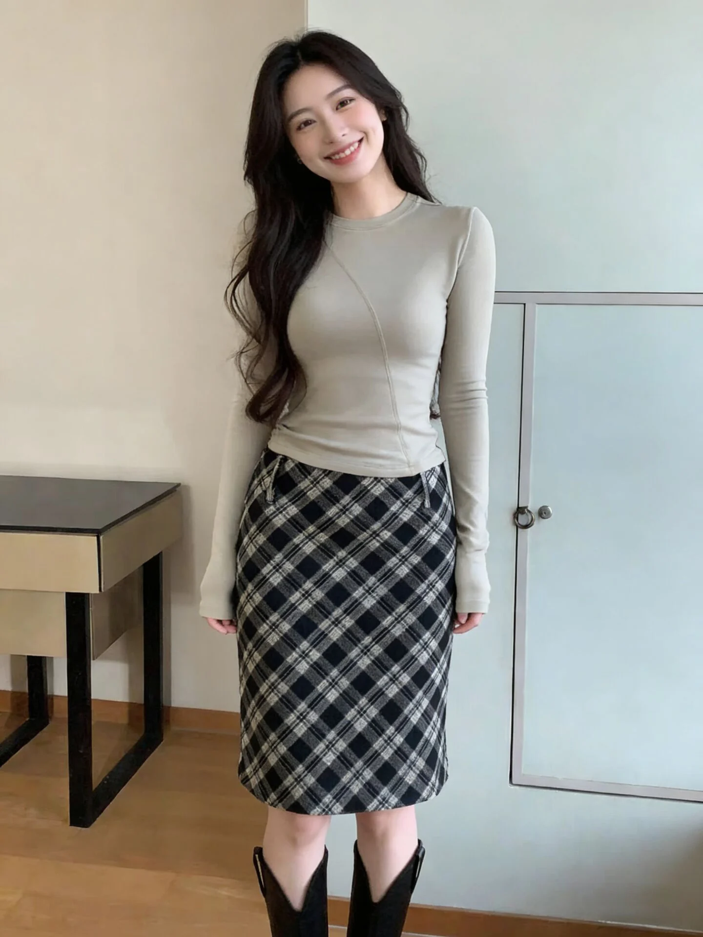 

Retro Korean Tweed Plaid A-Line Skirt Women's Autumn Winter Commute Casual Mid-Length Woolen Half Skirt