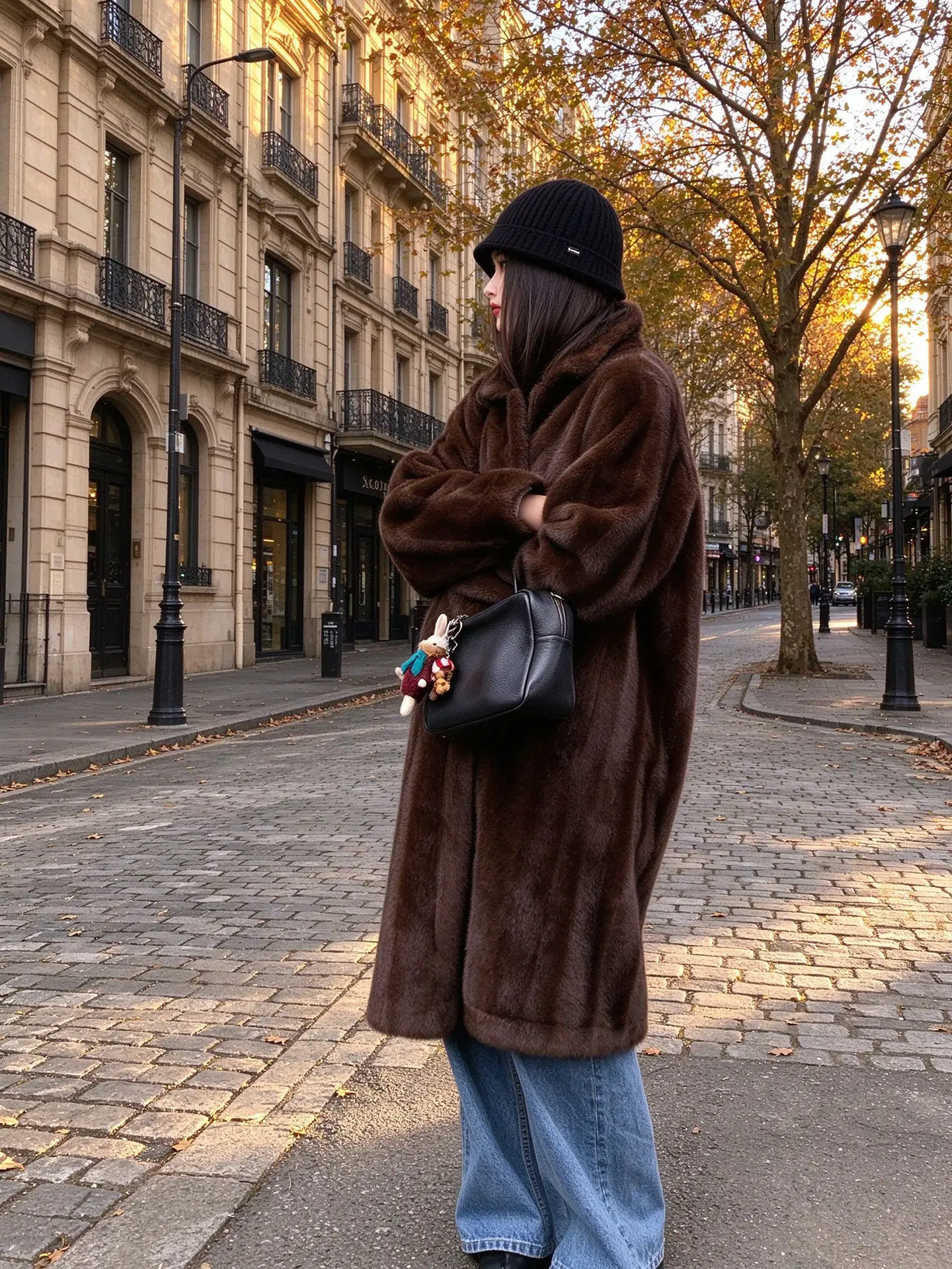 Winter Women Vintage Dark Brown Faux Mink Fur Coat Lapel Collar Covered Buttons Straight Loose Long Outerwear