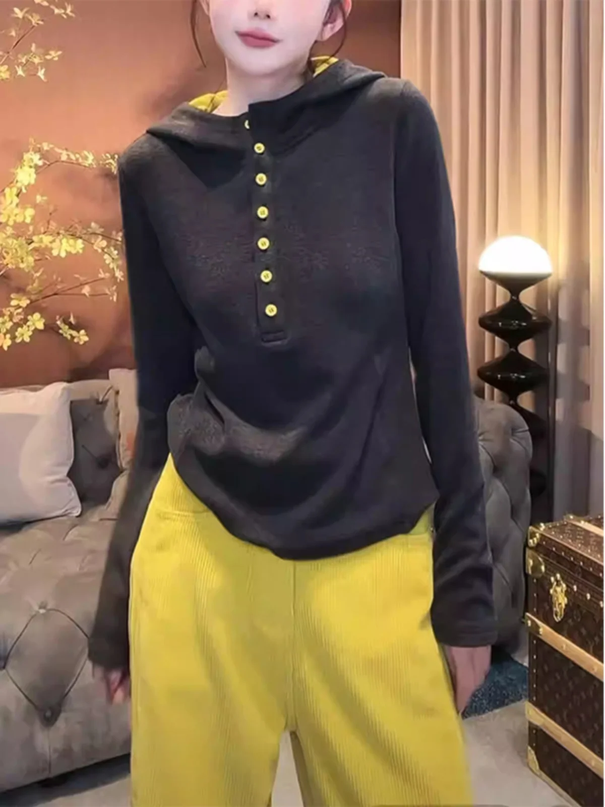 여성용 후드티 긴팔 티셔츠 버튼업 슬림핏 베이스 레이어 티셔츠 스트레이트 컷 한국 스타일 겨울 신상품