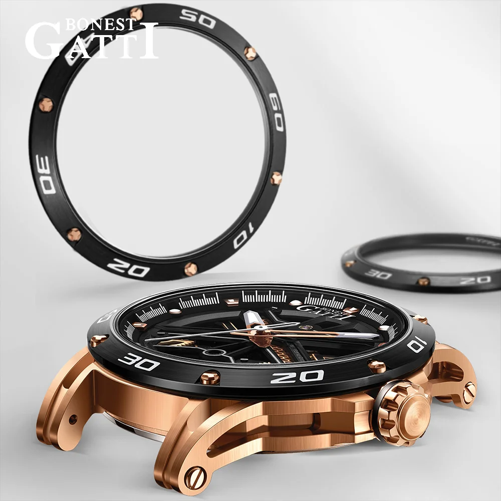 BONEST GATTI Men Automatic Luxury Tourbillon Watch Vintage Mechanical 5ATM Skeleton Sapphire Luminous Leather Strap German Craft