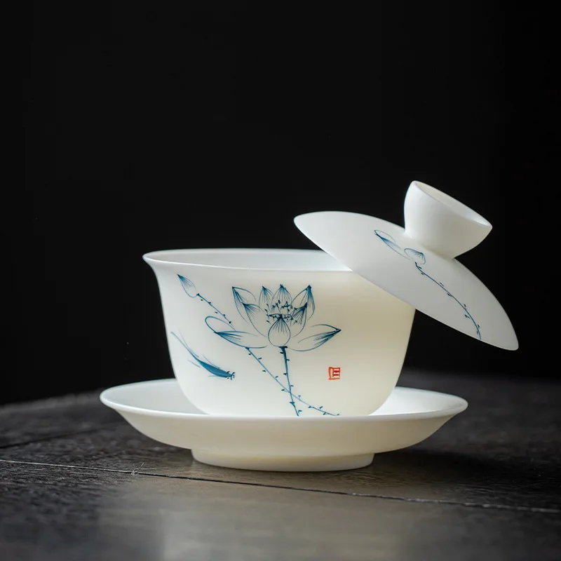 

LH hand-painted Sancai cover bowl plain-fired white porcelain tea single teacup Kung Fu tea set