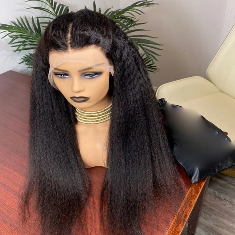 Wig Yaki panjang lembut alami hitam 30 inci renda lurus keriting Wig depan untuk wanita dengan bulu sintetis bayi tanpa lem sintetis harian