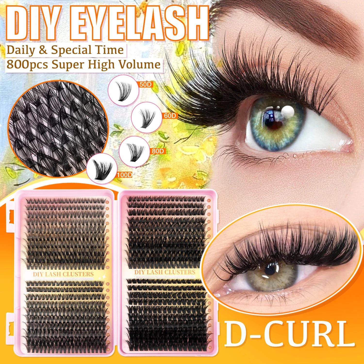 740PCS DIY Lash Clusters Kit 50D 60D 80D 100D D Curl Mixed 8-16mm Cluster Eyelashes with Bond Seal Tweezers
