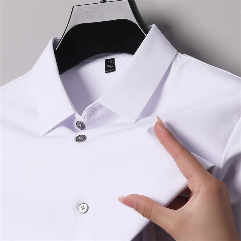 B28camicia a maniche corte in seta senza sciarpe di alta qualità estiva per camicia da uomo sottile elastica di colore solido Casual di mezza età da uomo