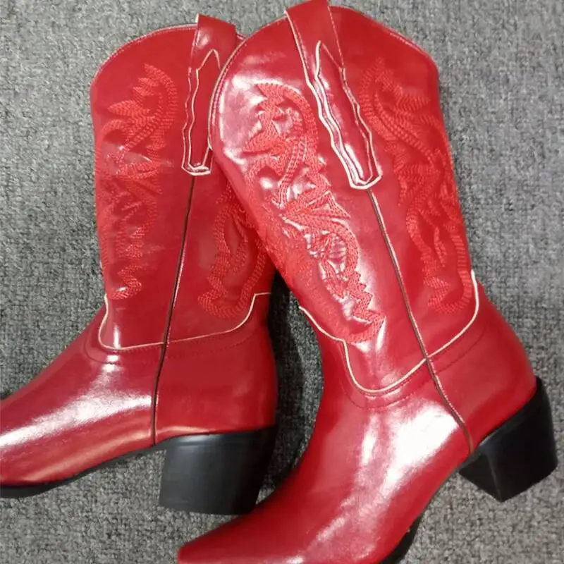 النساء أحذية رعاة البقر الحمراء المطرزة حذاء بكعب سميك الانزلاق على حجم 34-43 الأحذية النسائية الأحذية الغربية الرجعية #3