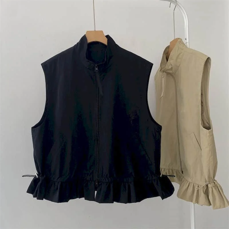 High Neck Vests 2026 Autumn Niche Waistcoats Casual Korean Style Cardigans Zipper Design Sleeveless Cropped Coats Women Clothing