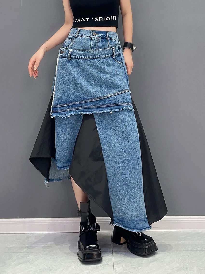 230864 High Elastic Waist Black Denim Irregular Color-block Half-body Skirt Women Fashion Tide New Spring Autumn 2024