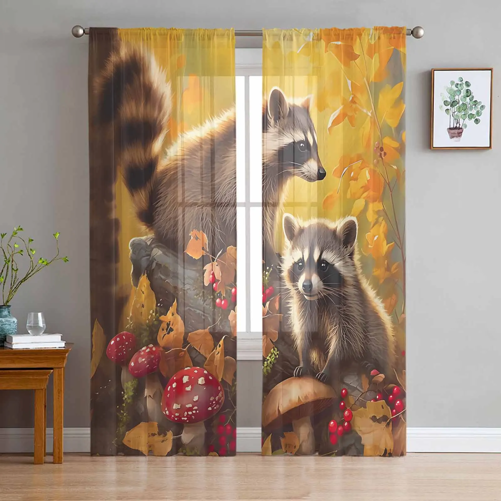 Autumn Maple Leaf Raccoon Mushroom Red Fruit Sheer Curtain Living Room Drapes Home Bedroom Voile Curtain Tulle Window Curtain